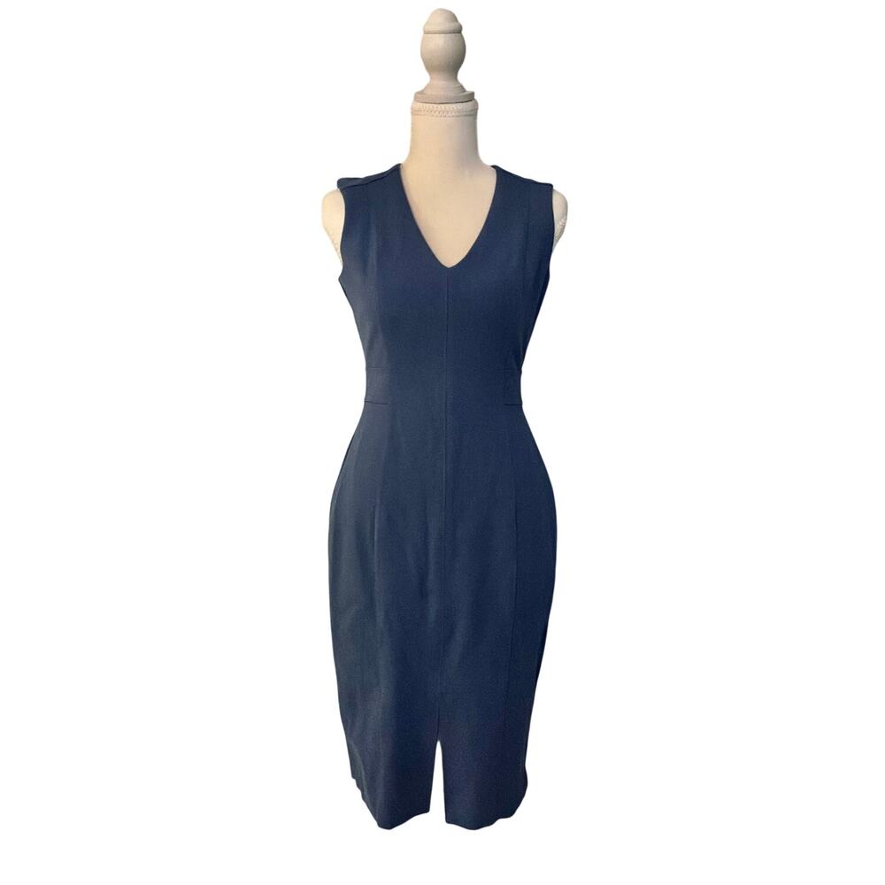 White House Black Market Navy V-Neck Sheath Dress Gold Zipper Size 0